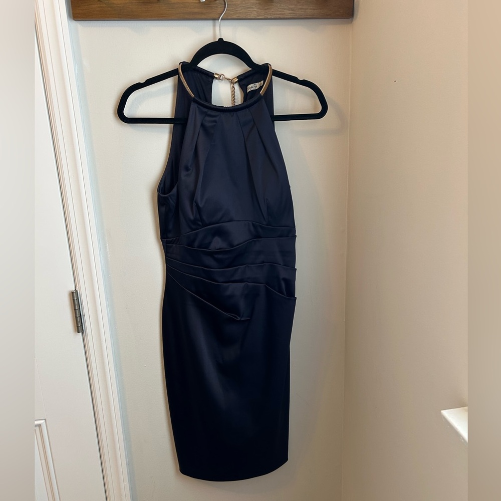 Eliza J Navy Blue Sleeveless Halter Chain Sheath Dress - Size 8
